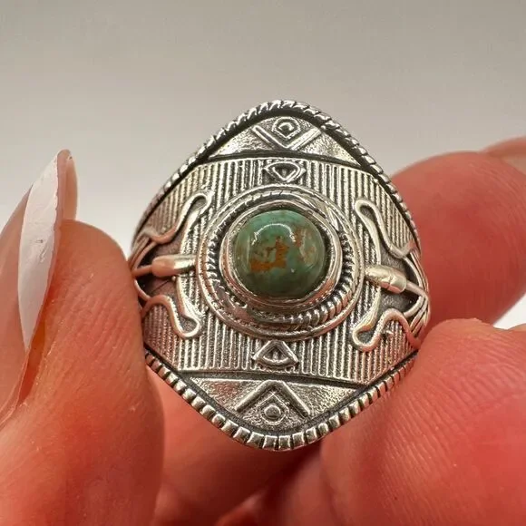 Sterling silver, marked "GSX" turquoise round cabochon ring! - Picture 2 of 10